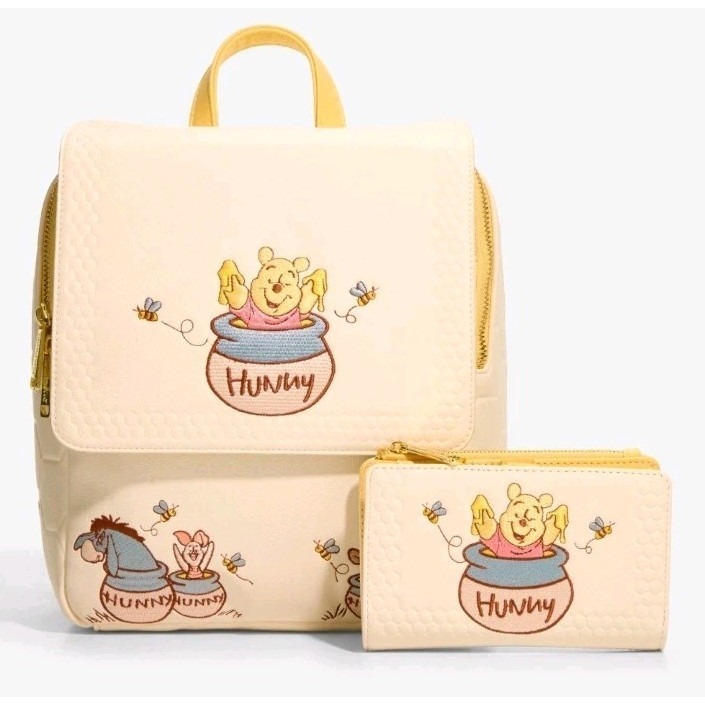 New Loungefly Disney Winnie The Pooh Honey Comb Embossed Backpack & Wallet Set